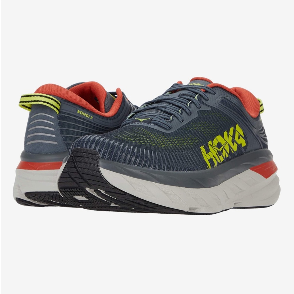 Gently used Hoka Bondi 7 Mens US Size 8.5. NEW insoles. Color Turbulence & Chili